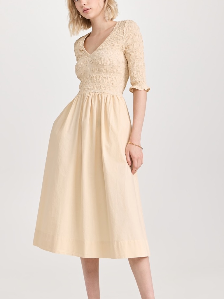 Sea New York Juni Garment Dye V Neck Smocked Dress Small S Cream Midi Womens